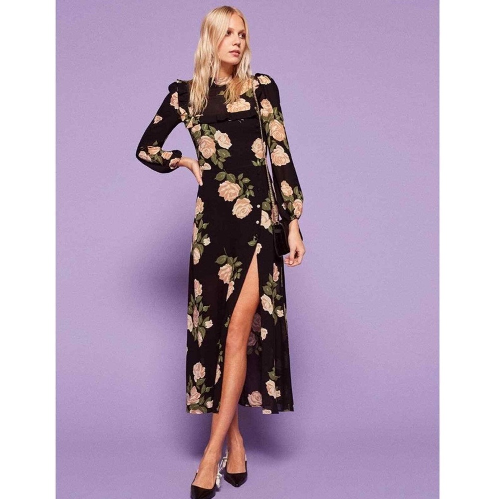 Reformation Gillian Floral Ruffle Button Detail Midi Dress in Rose Print Size 8P